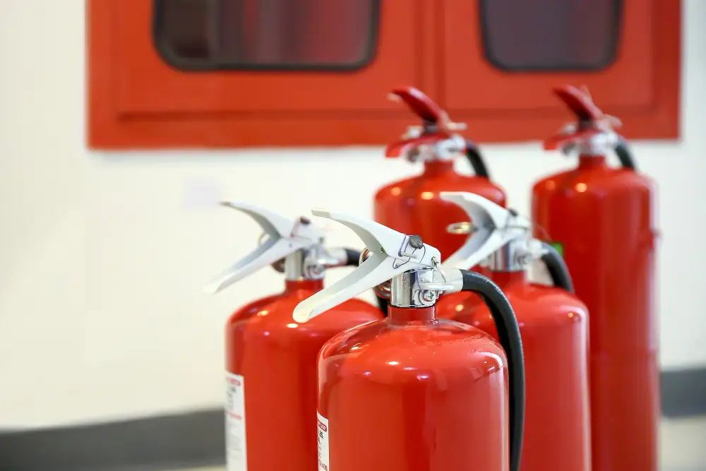 A series of fire extinguishers to show fire training.