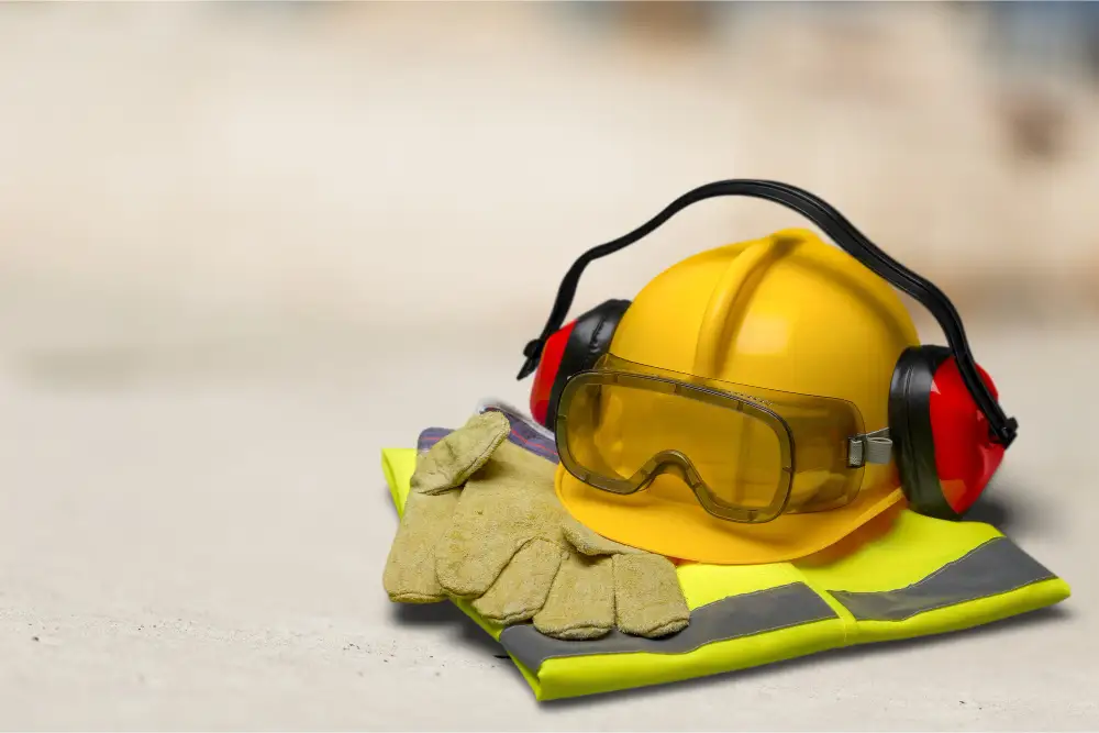 Safety equipment laid out neatly on the floor. These include helmets, goggles, and ear defenders.