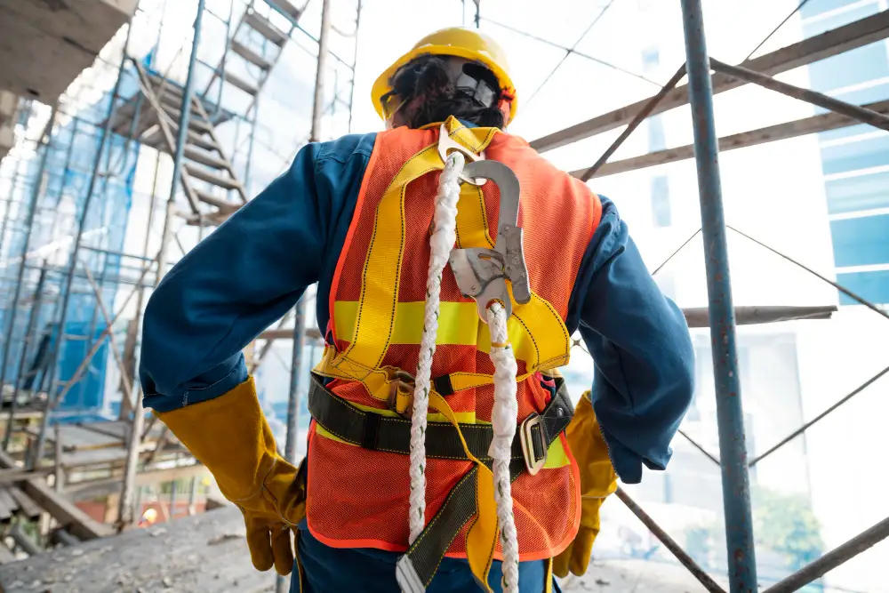A construction worker with a harness and rope on as he is working at height.