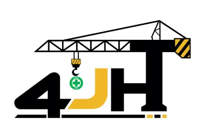 The logo for 4JH Training Solutions in Southampton and Swansea. It shows the characters 4 J and H with the H forming a crane with a medical cross at the hook point. This is to show the training in construction and medical care that James Hawkins and his team provide.