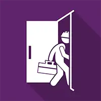 A cartoon image of a lone worker heading off through a door.