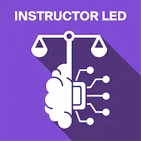 A cartoon of half a brain and the scales of justice combined with a microchip. This is to highlight the ethics in AI that this course teaches.