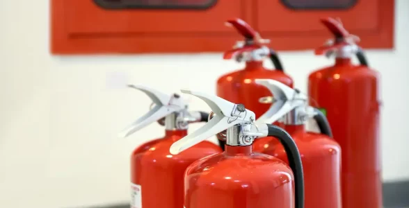 A series of fire extinguishers to show fire training.