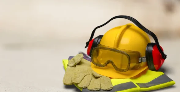 Safety equipment laid out neatly on the floor. These include helmets, goggles, and ear defenders.